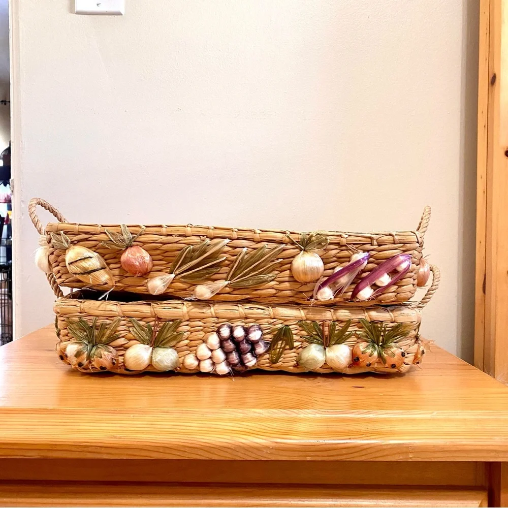 Vintage 50s - 70s Seagrass Basket Set 2 Fruit Fruits & Veggies Rectangle